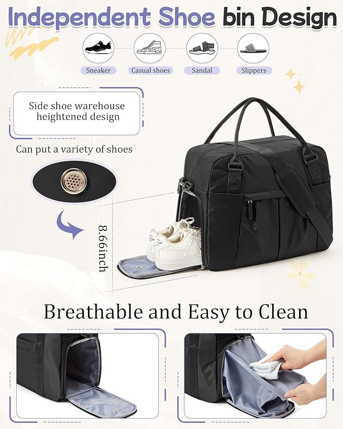 Large Duffle Bag for Travel with Shoe Compartment, Puffer Weekender Bags for Women Travel Tote Carry on Duffel Bag for Airplanes, Personal Item Bag Gym Bag Women, Black