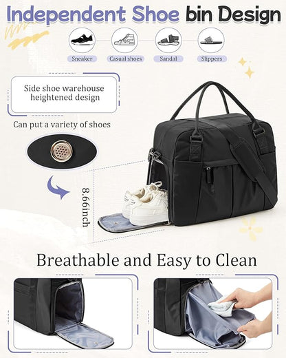 Large Duffle Bag for Travel with Shoe Compartment, Puffer Weekender Bags for Women Travel Tote Carry on Duffel Bag for Airplanes, Personal Item Bag Gym Bag Women, Black