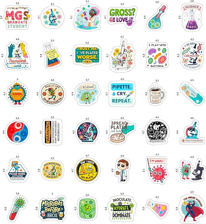 100Pcs Funny Microbiology Vinyl Stickers for Water Bottle, Laptop -Nerd Biology Stickers - Microbiology Gifts, Party Supplies - Gift for Women & Men