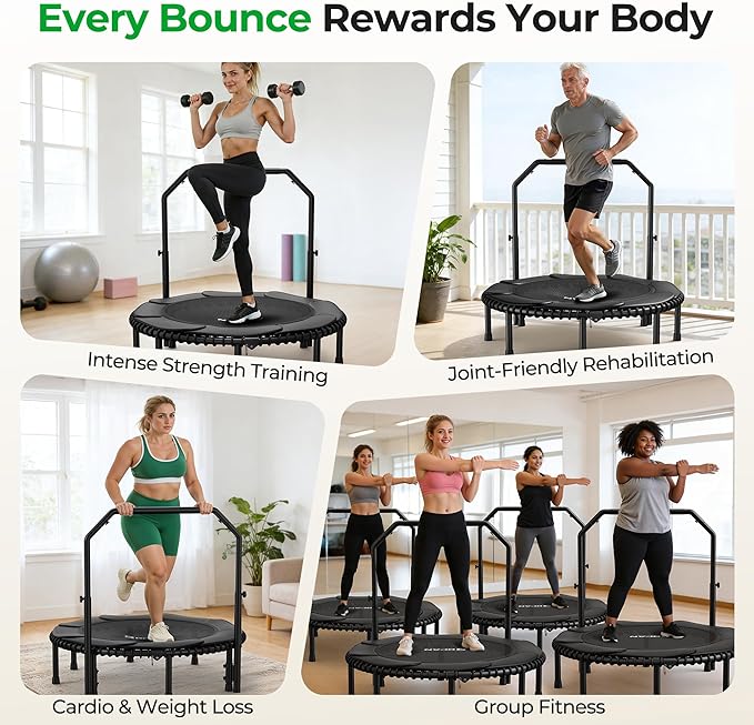 BCAN BT2 450/550LBS Mini Rebounder Trampoline for Adults with Bar, Fitness Trampoline with Bungees, Adjustable Handle, Stable & Quiet, Indoor Outdoor, Whole-Body Workout & Relaxation at Home-40IN/48IN