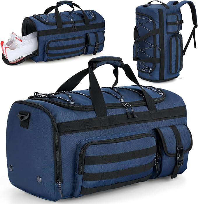 Gonex 45L Duffel Bag for Men, 3 in 1 Convertible Carry Gym Duffle with Shoe Compartment, Tactical Gear Loops, Water-Repellent Lining, Workout & Travel Bag (Dark Blue)