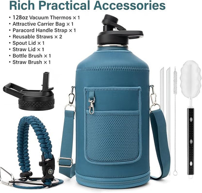 1 Gallon Water Bottle Insulated | Thickened Stainless Steel Vacuum Metal Water Jug | Portable Sports Large for Gym and Hiking with Straw, Carrier Bag, Handle Strap | BPA-Free 128 oz