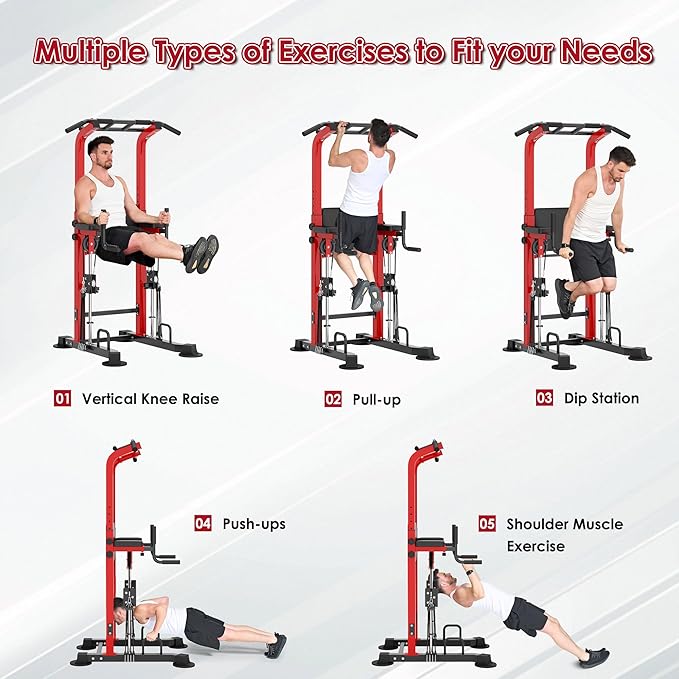 DlandHome Power Tower, Height Adjustable Pull Up Bar Dip Station with Assisted Pad, Multi-Function Home Gym Strength Training Fitness Equipment 330LBS, Red