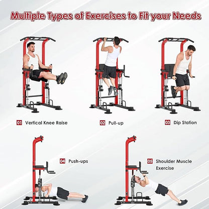 DlandHome Power Tower, Height Adjustable Pull Up Bar Dip Station with Assisted Pad, Multi-Function Home Gym Strength Training Fitness Equipment 330LBS, Red
