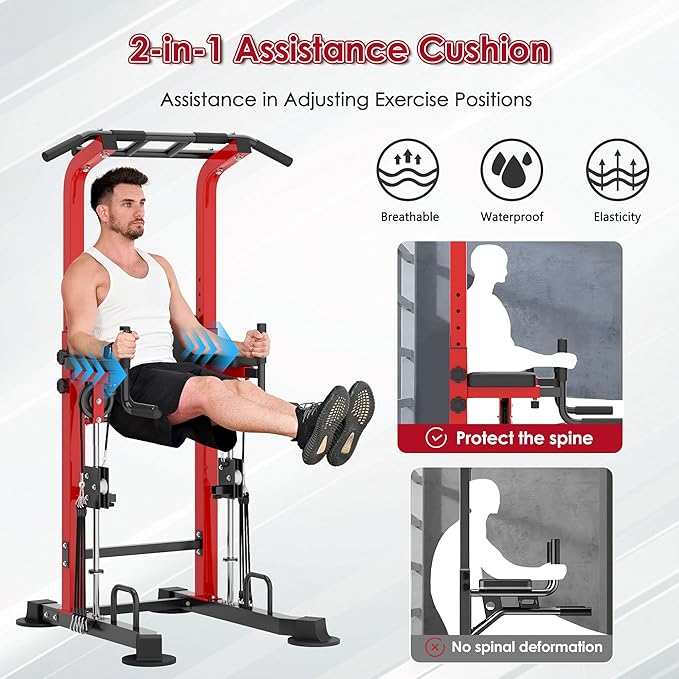 DlandHome Power Tower, Height Adjustable Pull Up Bar Dip Station with Assisted Pad, Multi-Function Home Gym Strength Training Fitness Equipment 330LBS, Red