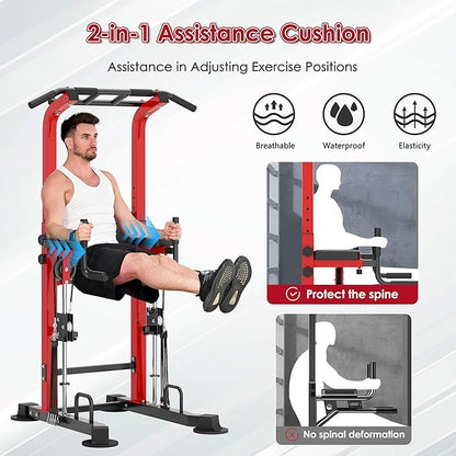 DlandHome Power Tower, Height Adjustable Pull Up Bar Dip Station with Assisted Pad, Multi-Function Home Gym Strength Training Fitness Equipment 330LBS, Red