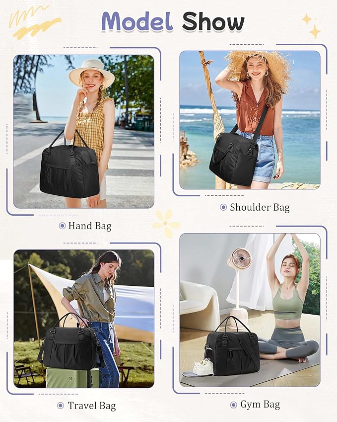 Large Duffle Bag for Travel with Shoe Compartment, Puffer Weekender Bags for Women Travel Tote Carry on Duffel Bag for Airplanes, Personal Item Bag Gym Bag Women, Black