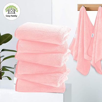 Cosy Family 6 Pack Ultra Soft Microfiber Absorbent Hand Towel, Silk Hemming Towels for Bathroom - Quick Drying - Perfect for Bath, Fitness, Gym, Shower, Hotel, and Spa - 16x28 Inch, Pink