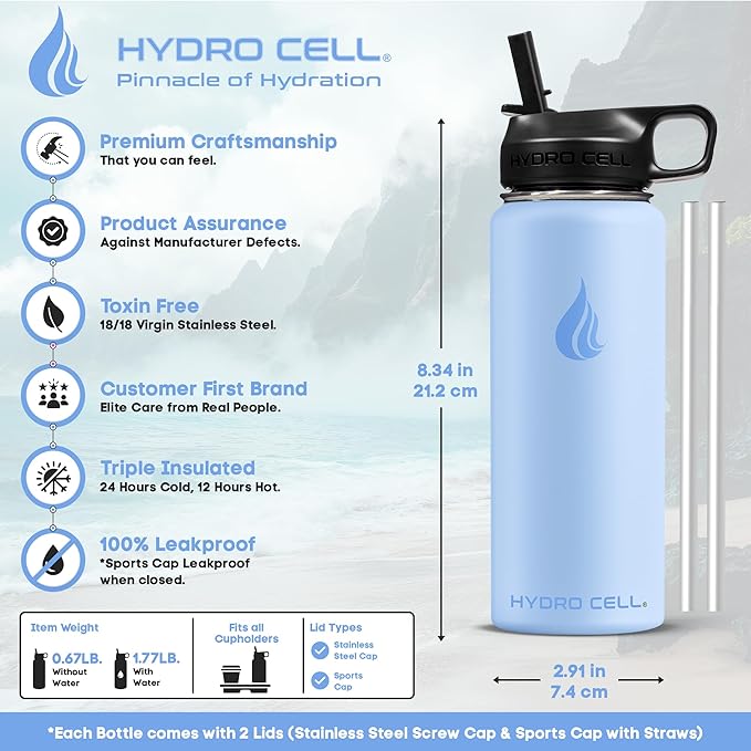 HYDRO CELL Stainless Steel Insulated Water Bottle with Straw - For Cold & Hot Drinks - Metal Vacuum Flask with Screw Cap and Modern Leakproof Sport Thermos for Adults (Glacier 18oz)