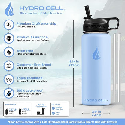 HYDRO CELL Stainless Steel Insulated Water Bottle with Straw - For Cold & Hot Drinks - Metal Vacuum Flask with Screw Cap and Modern Leakproof Sport Thermos for Adults (Glacier 18oz)