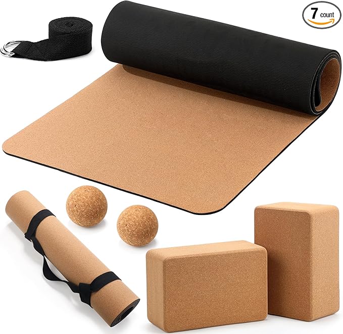 7 Pcs Cork All in One Yoga Essentials Kit Large Cork Yoga Mat and Blocks Set with Carry Strap and Alignment Lines 2 Pcs Massage Balls 10ft Stretch Strap for All Levels