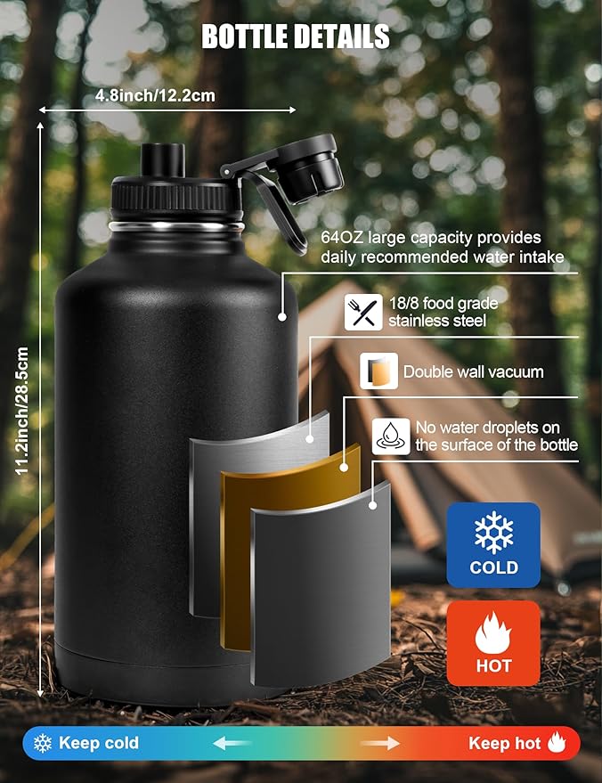 Tactical Half Gallon Water Bottle with Straw, 64 Oz Insulated Water Jug with Molle Water Bottle Holder, Stainless Steel Sport Bottle with 3 BPA Free Lids for Gym Workout Hiking (Gray)