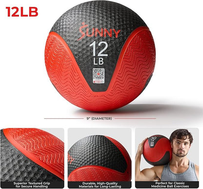 Sunny Health & Fitness Medicine Ball, Textured Rubber, Core Strength & Balance Training, Bouncing, Weight for Home Workouts 4,6,8,10,12,15,20,25,30LB Options