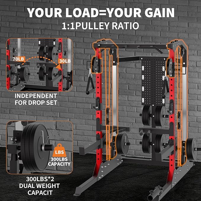 Power Cage, 2000LB Power Rack with Independent Dual Pulley System, Multi-Function Home Gym Workout Machine for Stability & Strength Training