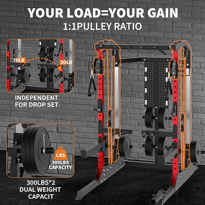 Power Cage, 2000LB Power Rack with Independent Dual Pulley System, Multi-Function Home Gym Workout Machine for Stability & Strength Training