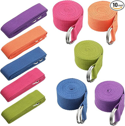 10 Pcs Yoga Strap 8ft Yoga Stretching Exercise Band Stretching Belt with Adjustable Metal D Ring Buckle Loop for Pilates, Dance, Physical Therapy, Gym Workout