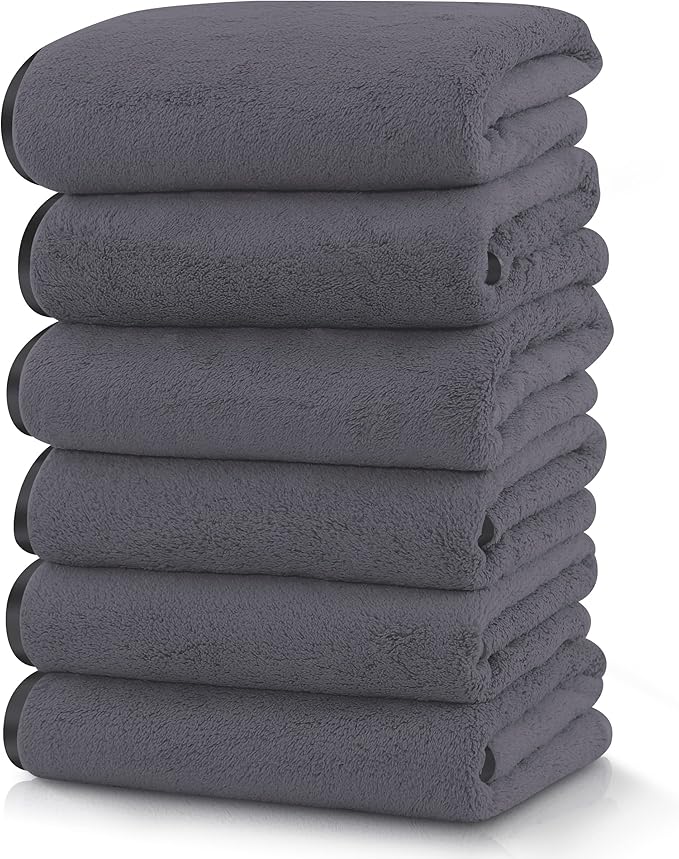 TENSTARS Silk Hemming Hand Towels for Bathroom - Quick Drying - Ultra Soft Microfiber Absorbent Towel for Bath Fitness, Gym, Shower, Hotel, and Spa - 16x28 Inch | Set of 6, Dark Grey