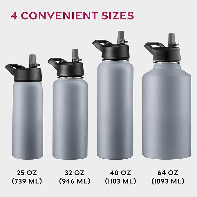 FineDine Triple Walled, Insulated Water Bottles with Straw - 25 Oz Stainless Steel Metal Bottle W/ 3 Leak Proof Lids - For Travel, School, Sports, Gym/Men, Women & Kids - Modern Lava Gray