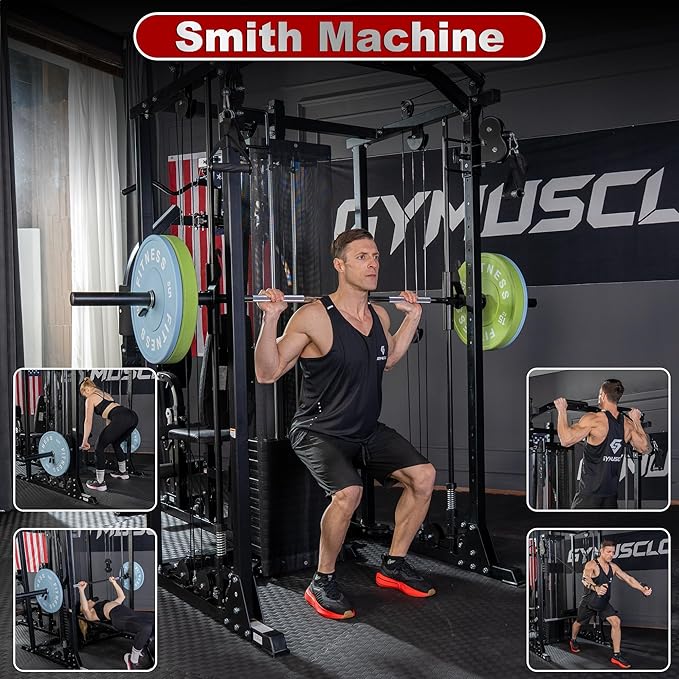 Multi-Functional Home Gym Workout Equipment, All-in-One Smith Machine w/150lbs Weight Stack&Cable Crossover, Leg Press, PEC Fly, LAT, Squat, Heavy Duty Full Body Training for Family, Black