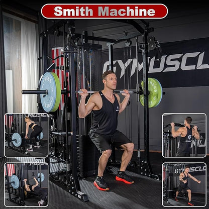 Multi-Functional Home Gym Workout Equipment, All-in-One Smith Machine w/150lbs Weight Stack&Cable Crossover, Leg Press, PEC Fly, LAT, Squat, Heavy Duty Full Body Training for Family, Black