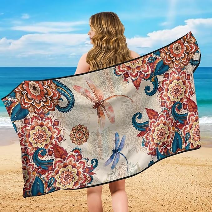 Bulopur Boho Floral Dragonfly Car Seat Towel Cover After Gym Workout Beach Swimming Sweating Car Seat Cover Fits for Car SUV Sedan Truck Front Seats