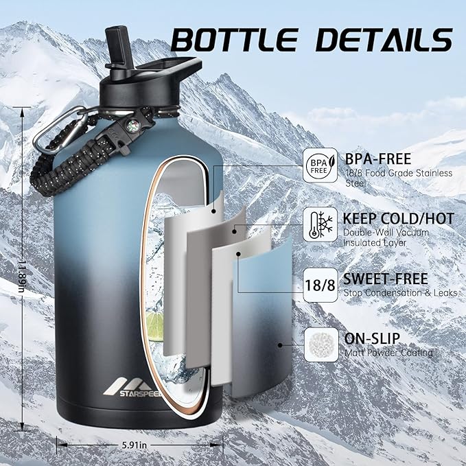 StarSpeed One Gallon Insulated Water Bottle with Straws & 2 Lids, 128oz Stainless Steel Double Walled Vacuum Water Jug, Large Wide Mouth with Paracord Handle for Gym Camping Hiking, Indigo Black