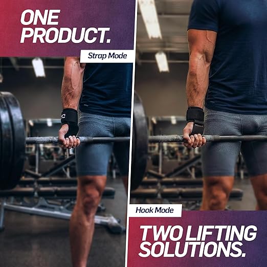 Doctor Developed Hookstrap 2-in-1 Lifting Straps + Gym Grips, Switch Hook to Strap in Seconds, Heavy-Duty Weight Lifting Wrist Wraps for Pull-Ups, Shrugs, Deadlifts & Heavy Lifts, Black (Pair)