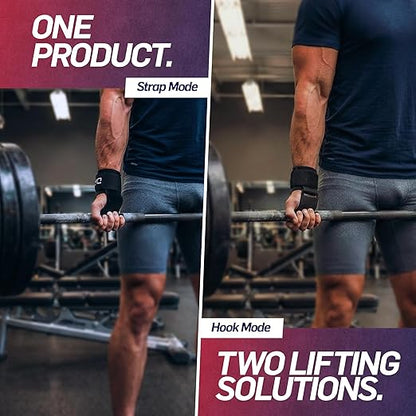 Doctor Developed Hookstrap 2-in-1 Lifting Straps + Gym Grips, Switch Hook to Strap in Seconds, Heavy-Duty Weight Lifting Wrist Wraps for Pull-Ups, Shrugs, Deadlifts & Heavy Lifts, Black (Pair)
