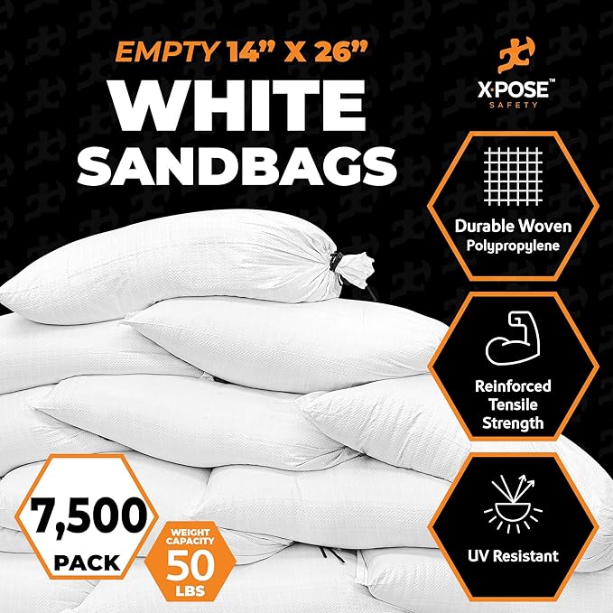 Xpose Safety Heavy Duty Sand Bags with Tie Strings – Empty Woven Polypropylene Sandbags for Hurricane Flood Protection, 50 lb Capacity, 14" x 26", White, Bulk Half Pallet Pack of 7500