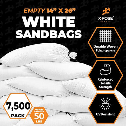 Xpose Safety Heavy Duty Sand Bags with Tie Strings – Empty Woven Polypropylene Sandbags for Hurricane Flood Protection, 50 lb Capacity, 14" x 26", White, Bulk Half Pallet Pack of 7500