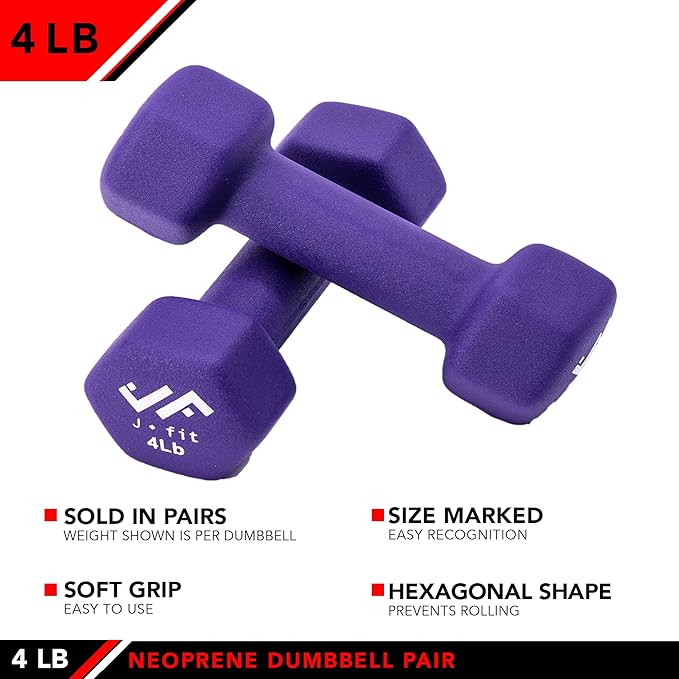 JFIT Dumbbell Pairs or Sets – Neoprene & Vinyl Coated Hand Weights for Home Gym, Strength Training, Aerobics, Cardio Exercise and Fitness