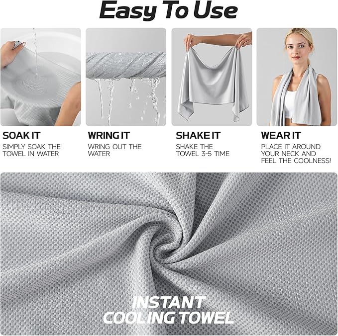 REDKISS Gray Cooling Towels for Neck and Face - 2 Pack Microfiber Gym Towels Set, 39" x 11" Microfiber Absorbent Towel for Sports Fitness, Yoga, Super Soft and Quick-Drying Gym Towels for Women Men