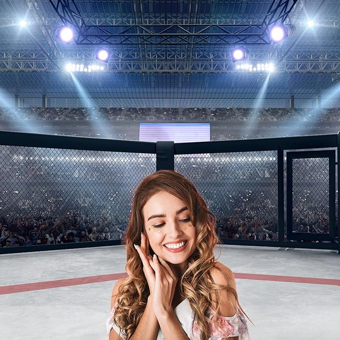 Boxing Ring Backdrop MMA Cage Arena with Spotlights Photography Backgrounds Round Empty Cage Boxing Ring Fighting Cage Backdrops Wrestling Arena Fans Shining Spotlights Decorations Props 20x10ft