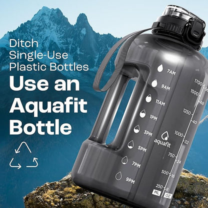 AQUAFIT Half Gallon Water Bottle with Time Marker - Straw & Chug Lid - BPA Free Gym Water Bottle with Straw - Big Gallon Jug (Blue, 64 oz - 2in1 Lid)