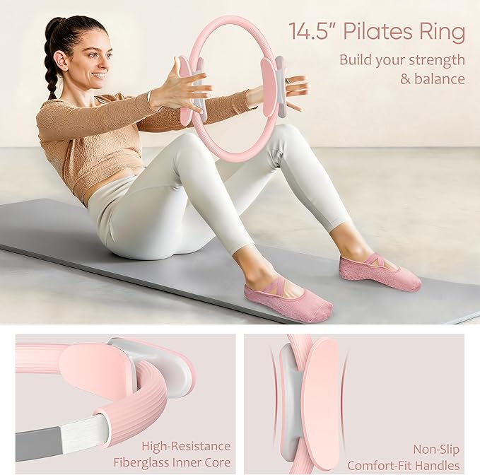 Pilates Kit, Pilates Essentials Kit for Women Home Workouts, Pilates Equipment with 14.5" Pilates Ring and Ball,7 Resistance Bands,Ankle Weights,Sliders & Grip Socks for Beginners