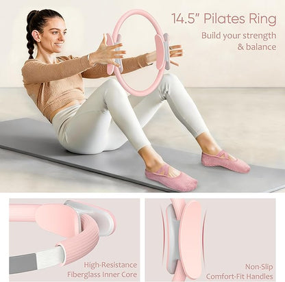 Pilates Kit, Pilates Essentials Kit for Women Home Workouts, Pilates Equipment with 14.5" Pilates Ring and Ball,7 Resistance Bands,Ankle Weights,Sliders & Grip Socks for Beginners