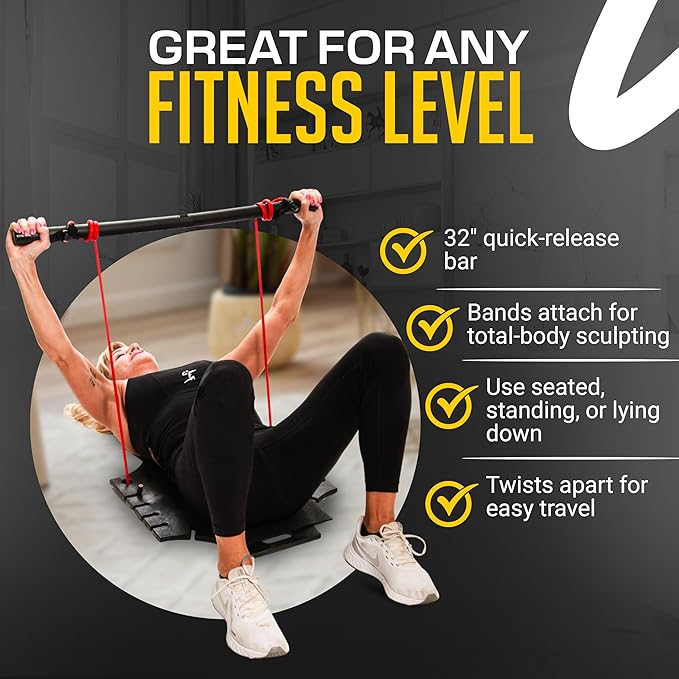 Portable Home Gym Resistance Band Board with Bar – Full Body Workout System for Strength Training, Fitness, Toning, Core, and Low Impact Exercise – Compact All-in-One Workout Platform with Bands