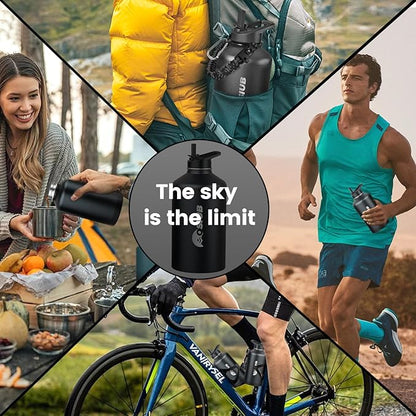 Insulated Water Bottle 128 oz, Triple Wall Vacuum Stainless Steel(Cold for 48 Hrs),Leak Proof & BPA-Free,Half Gallon Water Bottle with Reflective Paracord & Flip Straw for Sports & Travel, Black
