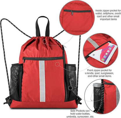 BeeGreen Red Drawstring Backpack Gymsack Bag with Shoe Compartment and Two Side Mesh Pockets Lightweight Durable Sports Cinch Sackpack 1 Pack for Women Men Workout Swim