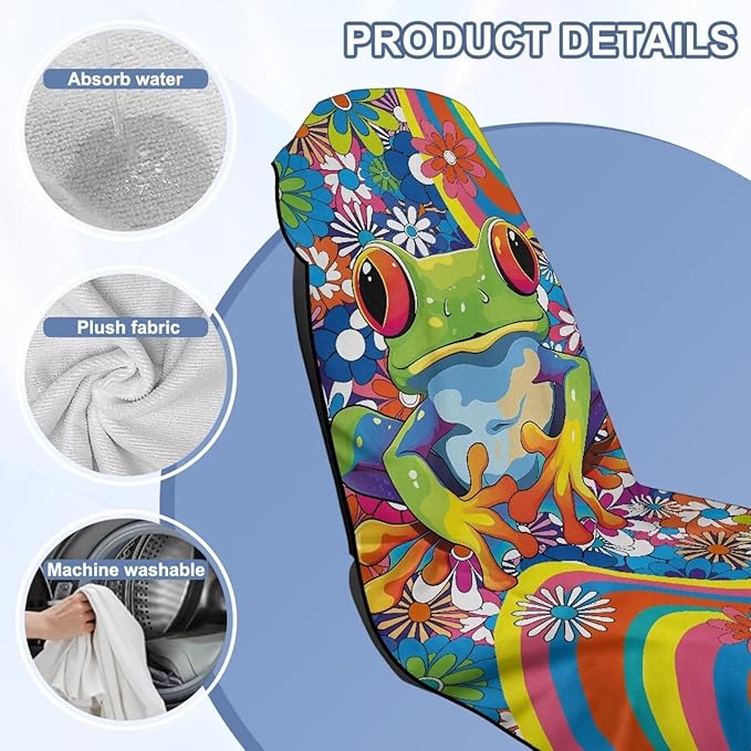 Bulopur Hippie Floral Frog Car Seat Towel Cover After Gym Workout Beach Swimming Boho Sweating Car Seat Cover Fits for Car SUV Sedan Truck Front Seats