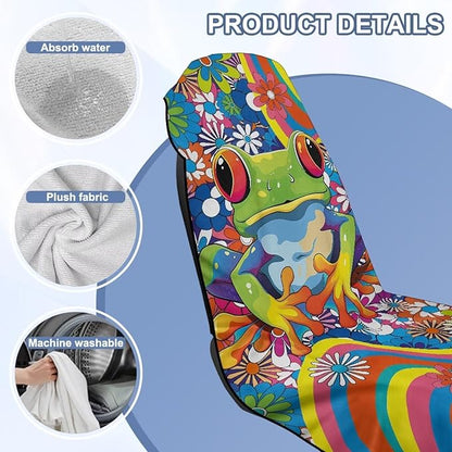 Bulopur Hippie Floral Frog Car Seat Towel Cover After Gym Workout Beach Swimming Boho Sweating Car Seat Cover Fits for Car SUV Sedan Truck Front Seats