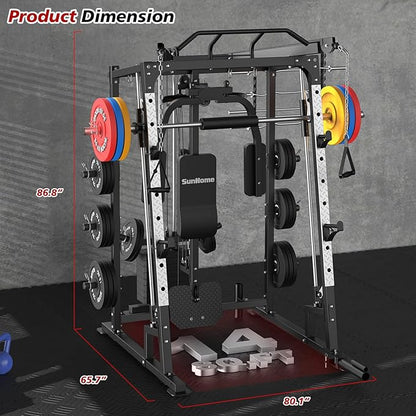 SunHome Smith Machine, Power Cage Squat Rack with Smith Bar, LAT Pull-Down Systems, Cable Crossover Machine and Cable Attachment for Home Gym