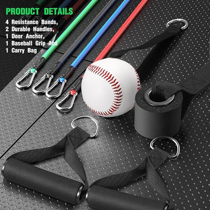 TOBWOLF 4PCS Baseball Exercise Bands with Interchangeable Grips, Baseball Resistance Trainer for Pitching & Throwing, Training Aid for Baseball Softball Pitchers to Build Arm Strength, Warm-Up