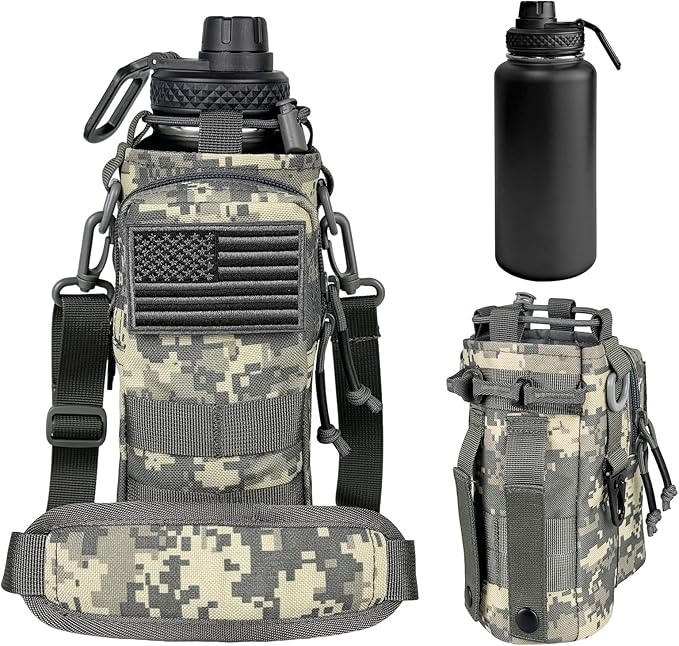 32 oz Insulated Water Bottle with Sleeve - Stainless Steel Metal Military Black Water Jug, Gym Water Bottles for Men Sports Workout Hiking with Ocean Camo Water Bottle Pouch