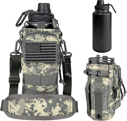 32 oz Insulated Water Bottle with Sleeve - Stainless Steel Metal Military Black Water Jug, Gym Water Bottles for Men Sports Workout Hiking with Ocean Camo Water Bottle Pouch