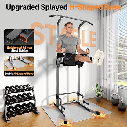 Power Tower Pull Up Station for Home Gym, Dip Station with Splayed H-Shaped Base, 440LBS Capacity, Adjustable Height Workout Station for Pull-ups, Dips & Leg Raises