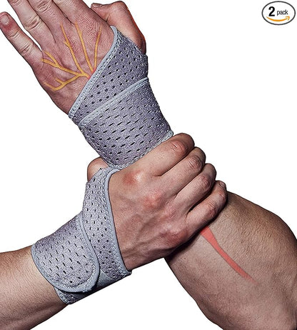 HiRui 2 Pack Wrist Compression Strap and Wrist Brace Sport Wrist Support for Fitness, Weightlifting, Tendonitis, Carpal Tunnel Arthritis, Pain Relief-Wear Anywhere-Adjustable (Gray)