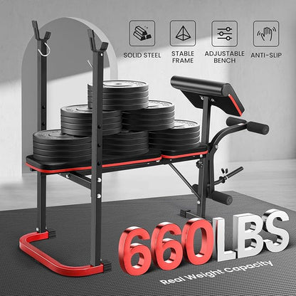 OPPSDECOR Adjustable Weight Bench Set with Leg Developer & Preacher Curl Pad, Full Body Workout Bench Press Set with Squat Rack for Home Gym Fitness, Standard Strength Training Bench