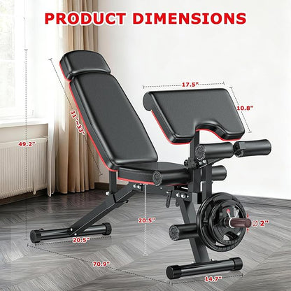XDDIAS Workout Bench, Adjustable Weight Bench with Leg Extension and Leg Curl, Extended Headrest, 900LBS Preacher Curl Bench Incline Decline Flat Workout Bench for Home Gym Full Body Exercise