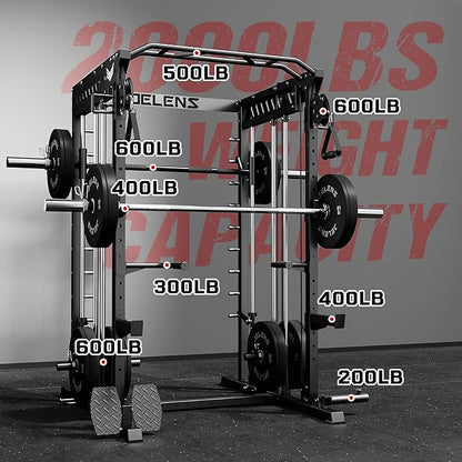 M21 Smith Machine, Multi-Function Power Cage with Dual Pulley Cable Crossover System, 2000LBS All-in-One Squat Rack with Smith Bar and Attachments for Home Gym Strength Training